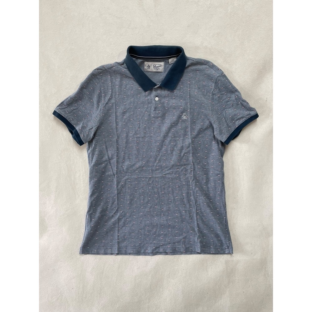 Original Penguin Mens Gray Teal Dash Print Cotton Polo Shirt Large 2.99/418